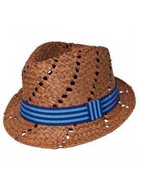 LIDS Brown Straw-Style Trilby Hat with Blue Striped Band – Size L/XL NWT